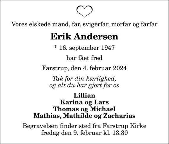 Erik Andersen Dødsannoncer i Danmark