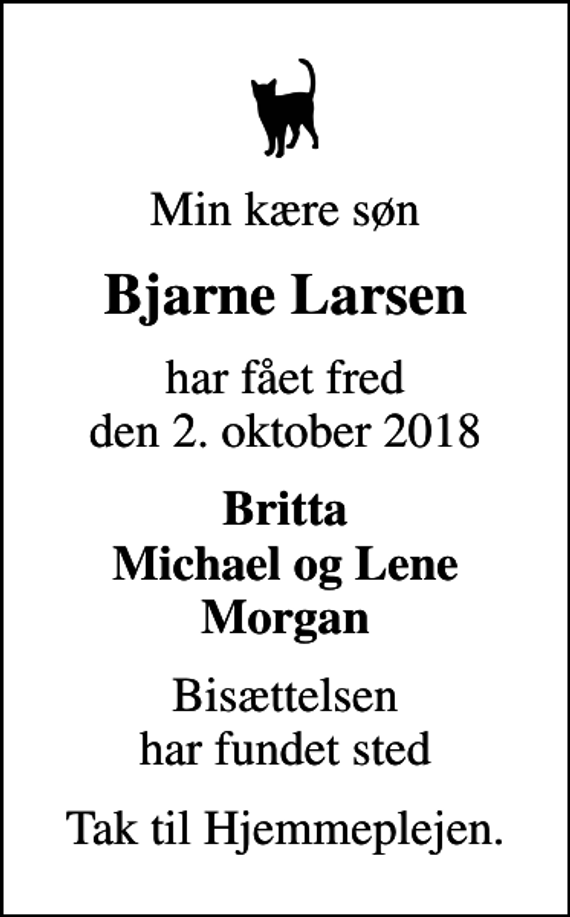 <p>Min kære søn<br />Bjarne Larsen<br />har fået fred den 2. oktober 2018<br />Britta Michael og Lene Morgan<br />Bisættelsen har fundet sted<br />Tak til Hjemmeplejen.</p>