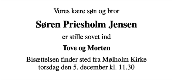 <p>Vores kære søn og bror<br />Søren Priesholm Jensen<br />er stille sovet ind<br />Tove og Morten<br />Bisættelsen finder sted fra Mølholm Kirke torsdag den 5. december kl. 11.30</p>