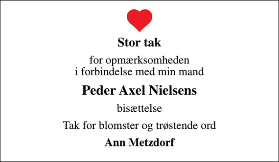 <p>Stor tak<br />for opmærksomheden i forbindelse med min mand<br />Peder Axel Nielsens<br />bisættelse<br />Tak for blomster og trøstende ord<br />Ann Metzdorf</p>
