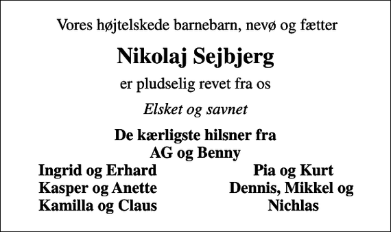 <p>Vores højtelskede barnebarn, nevø og fætter<br />Nikolaj Sejbjerg<br />er pludselig revet fra os<br />Elsket og savnet<br />De kærligste hilsner fra AG og Benny<br />Ingrid og Erhard<br />Pia og Kurt<br />Kasper og Anette<br />Dennis, Mikkel og<br />Kamilla og Claus<br />Nichlas</p>