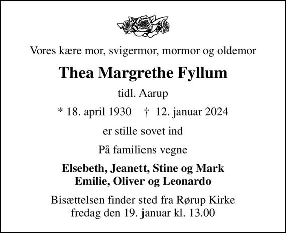 Thea Margrethe Fyllum Dødsannoncer i Danmark