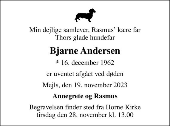 Min dejlige samlever, Rasmus kære far Thors glade hundefar
Bjarne Andersen
* 16. december 1962
er uventet afgået ved døden
Mejls, den 19. november 2023
Annegrete og Rasmus
Begravelsen finder sted fra Horne Kirke  tirsdag den 28. november kl. 13.00