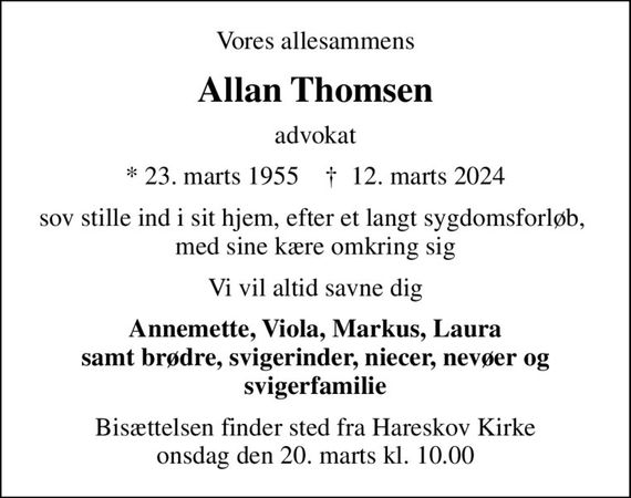 Allan Thomsen Dødsannoncer i Danmark