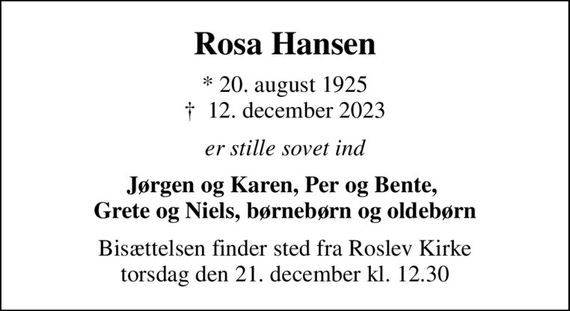 Rosa Hansen Dødsannoncer i Danmark
