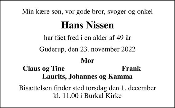 Hans Nissen Dødsannoncer i Danmark