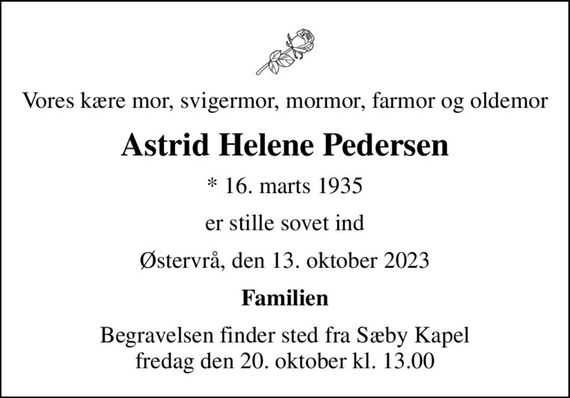 Astrid Helene Pedersen Dødsannoncer i Danmark