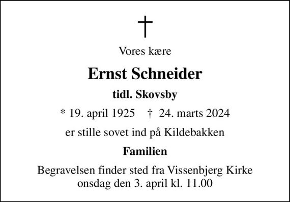 Ernst Schneider Dødsannoncer i Danmark