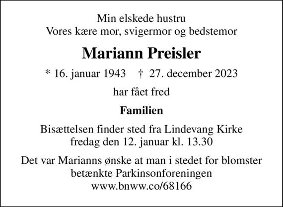 Mariann Preisler Dødsannoncer i Danmark