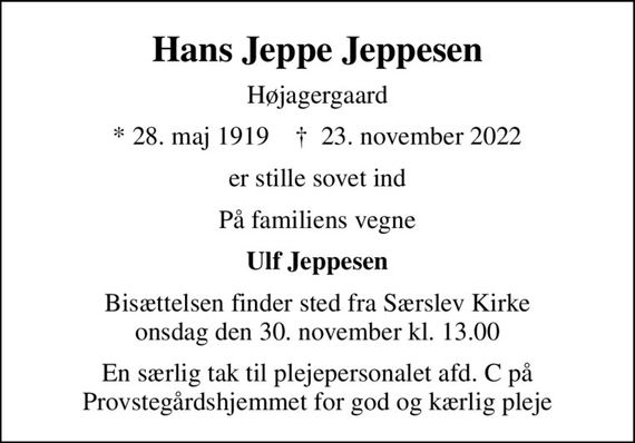 Hans Jeppe Jeppesen | Dødsannoncer i Danmark