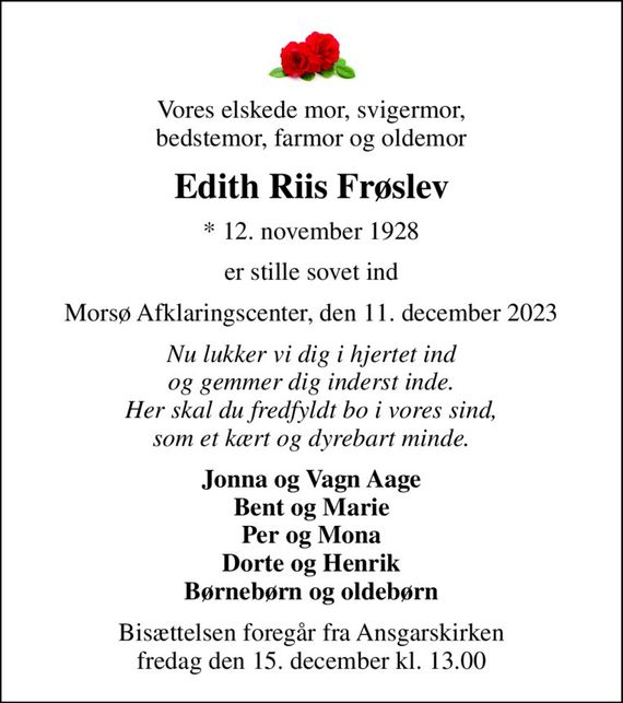 Edith Riis Frøslev | Dødsannoncer i Danmark