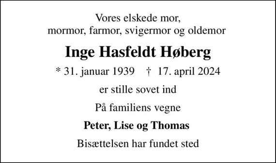 Inge Hasfeldt Høberg | Dødsannoncer i Danmark