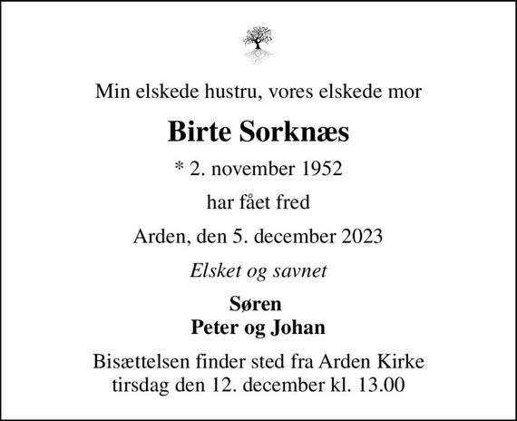 Min elskede hustru, vores elskede mor
Birte Sorknæs
* 2. november 1952
har fået fred
Arden, den 5. december 2023
Elsket og savnet
Søren  Peter og Johan
Bisættelsen finder sted fra Arden Kirke tirsdag den 12. december kl. 13.00