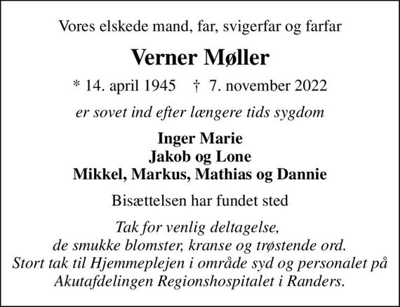 Verner Møller | Dødsannoncer i Danmark