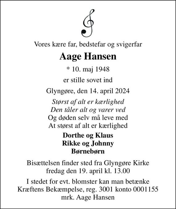 Aage Hansen Dødsannoncer i Danmark