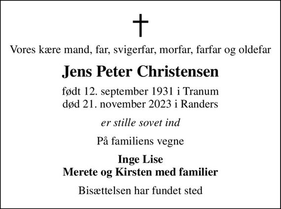 Jens Peter Christensen | Dødsannoncer i Danmark