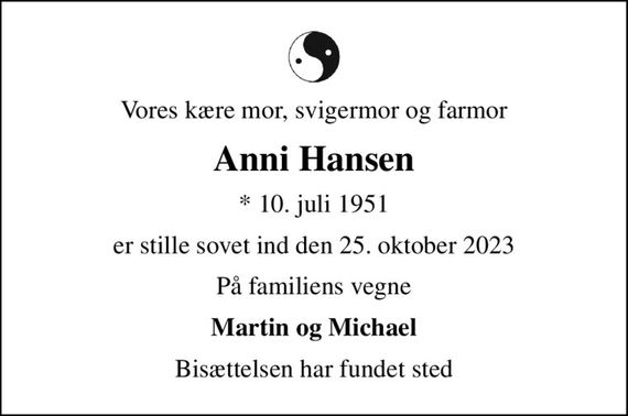 Anni Hansen | Dødsannoncer i Danmark