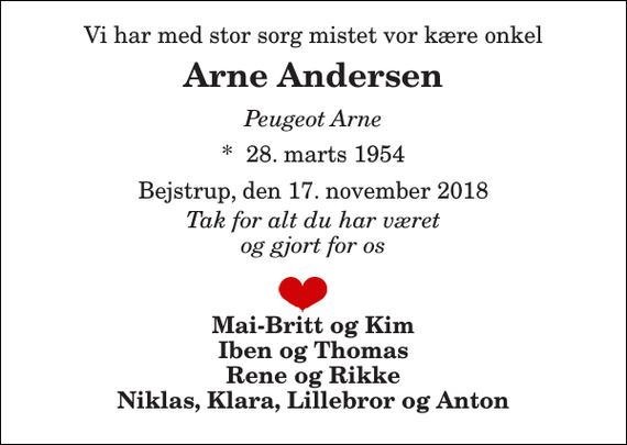 <p>Vi har med stor sorg mistet vor kære onkel<br />Arne Andersen<br />Peugeot Arne<br />*​ 28. marts 1954<br />Bejstrup, den 17. november 2018<br />Tak for alt du har været og gjort for os<br />Mai-Britt og Kim Iben og Thomas Rene og Rikke Niklas, Klara, Lillebror og Anton</p>