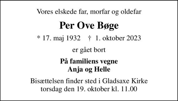 Per Ove Bøge | Dødsannoncer i Danmark