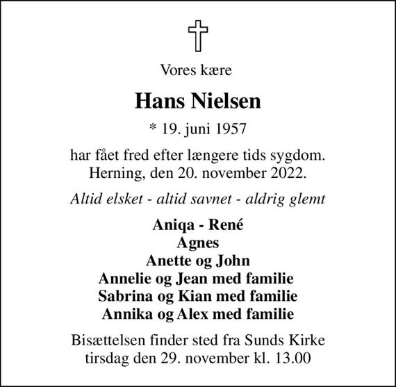 Hans Nielsen Dødsannoncer i Danmark