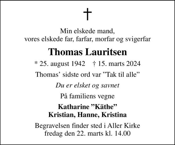 Thomas Lauritsen Dødsannoncer i Danmark