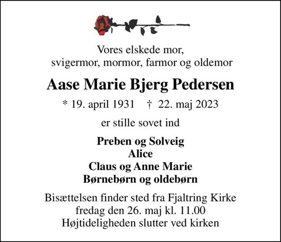 Aase Marie Pedersen | Dødsannoncer i Danmark
