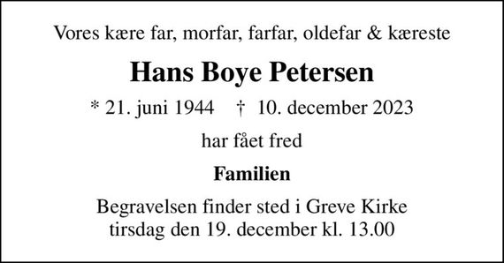 Hans Boye Petersen Dødsannoncer i Danmark