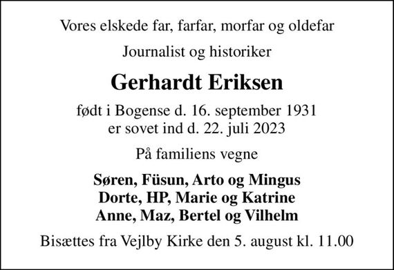 Gerhardt Eriksen | Dødsannoncer i Danmark