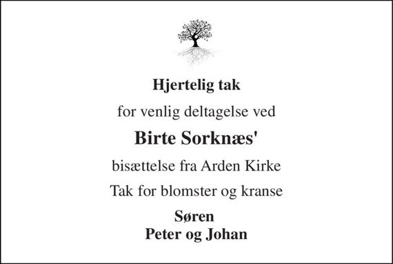 Hjertelig tak 
for venlig deltagelse ved 
Birte Sorknæs&#x27; 
bisættelse fra Arden Kirke 
Tak for blomster og kranse 
Søren  Peter og Johan