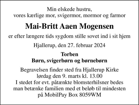 MaiBritt Aaen Mogensen Dødsannoncer i Danmark