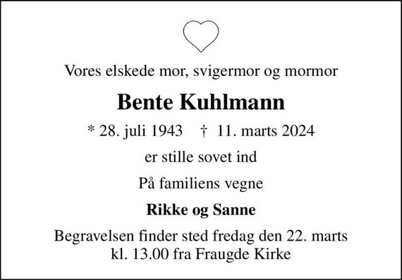 Bente Kuhlmann Dødsannoncer i Danmark