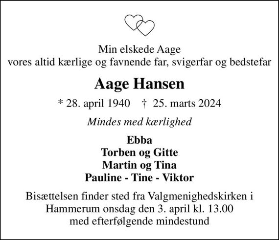 Aage Hansen Dødsannoncer i Danmark